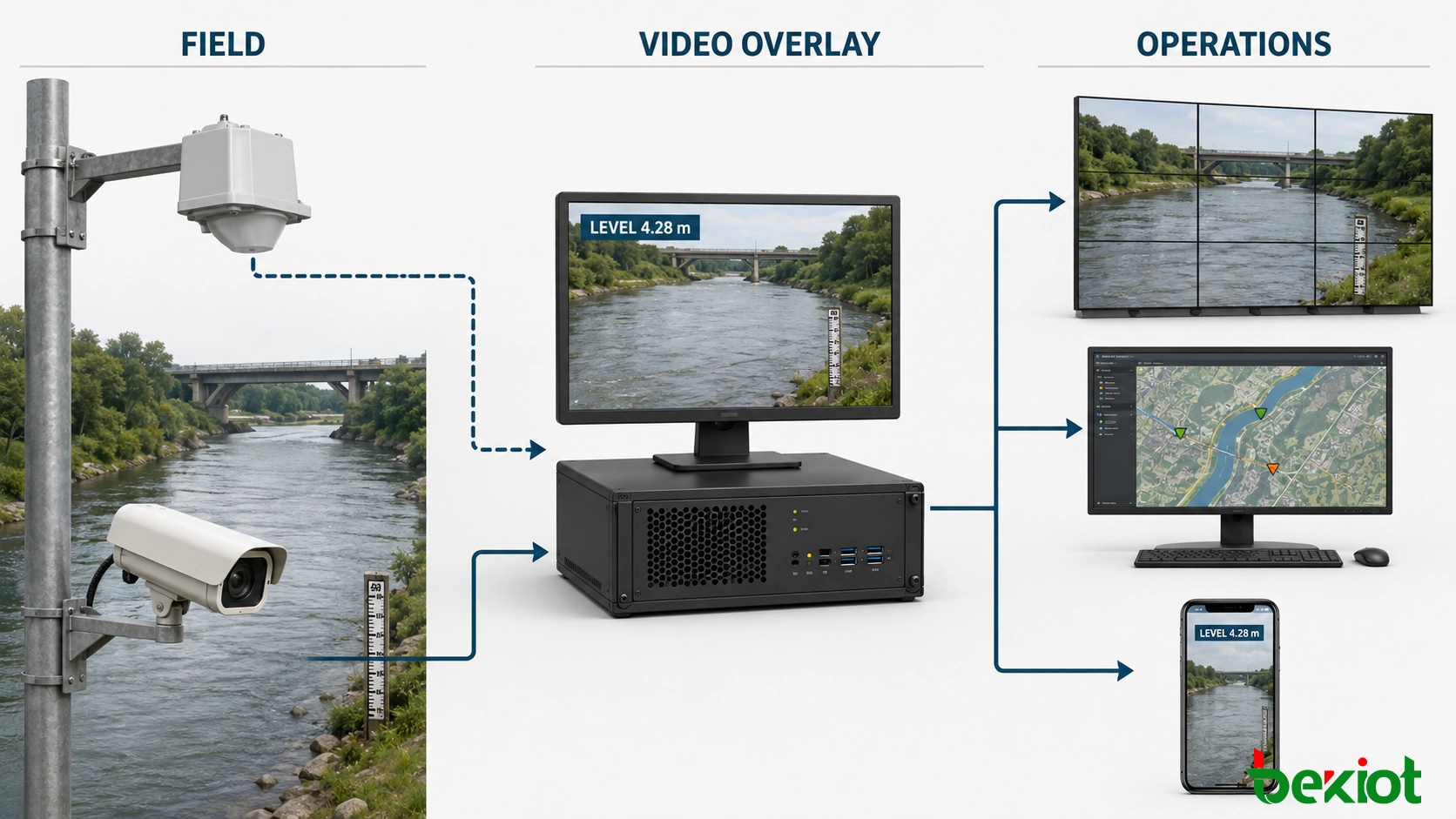 レーダー水位センサーとCCTVカメラをビデオオーバーレイプラットフォームに接続するアーキテクチャ
