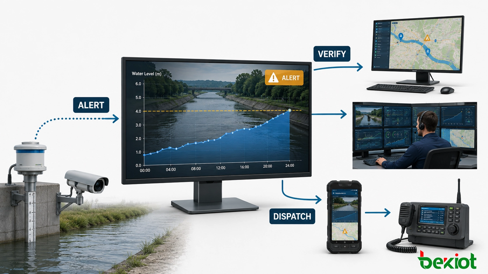 ビデオ、GIS、配信、モバイル、制御室システムを接続するスマート水監視アラートワークフロー