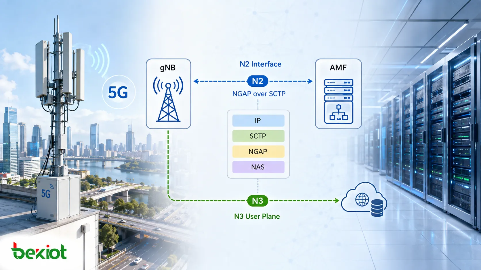 SCTPとNGAPを介してgNBとAMFを接続し、NASシグナリングとUEのコントロールプレーン手順を運ぶ5G N2インターフェース