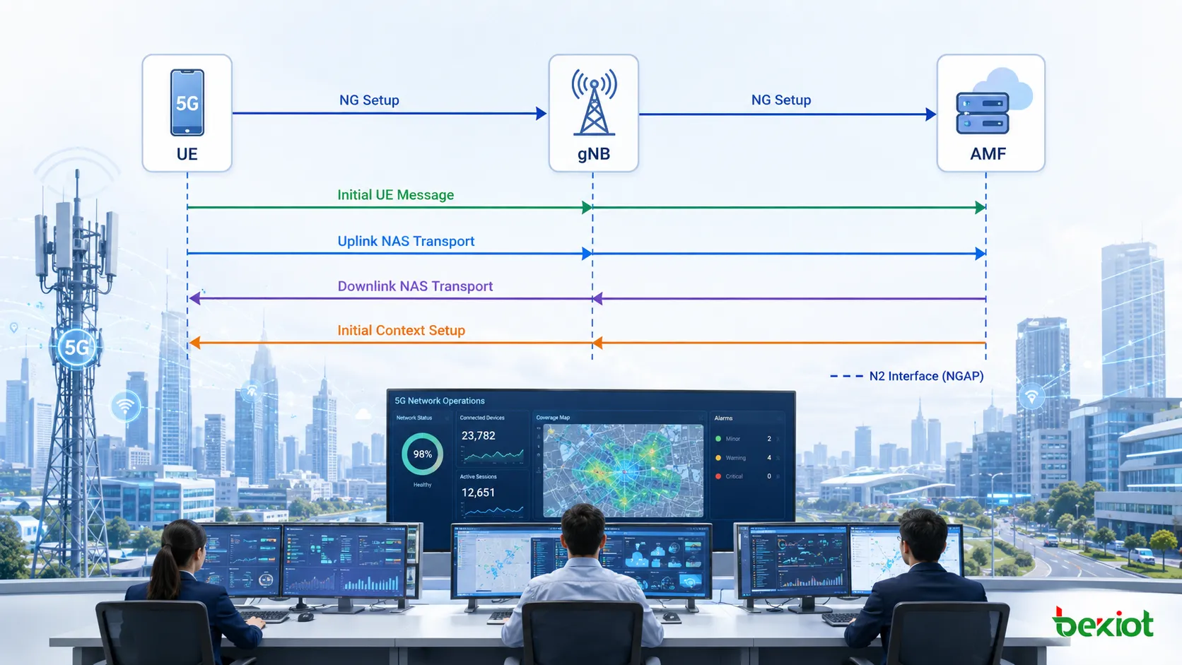 NG SetupからInitial UE Message、NAS Transport、Initial Context Setupまでの典型的な5G N2シグナリングシーケンス