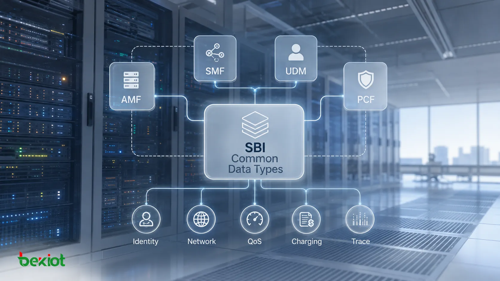 AMF、SMF、UDM、PCFで共有され、識別子、ネットワーク情報、QoS、課金、トレースパラメータを定義する5GコアSBI共通データ型