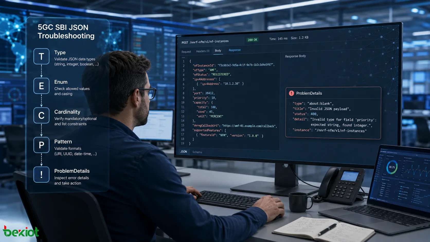APIリソース、フィールド型、列挙値、Cardinality、形式制約、ProblemDetailsを確認してSBI JSONメッセージをトラブルシューティングする5GCエンジニア