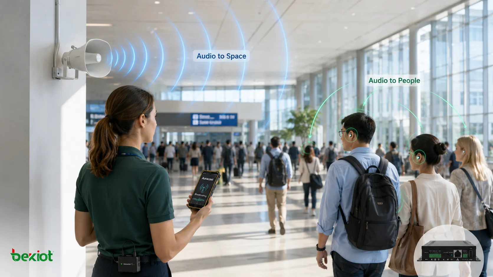 個別受信機へ音声を届ける Auracast パーソナルブロードキャストと、スピーカーで物理空間をカバーする従来型 PA システムの比較