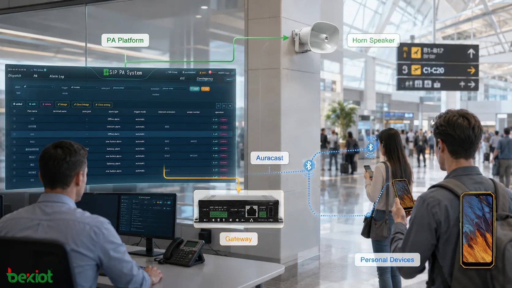 固定スピーカーによる放送と、スマートフォン、イヤホン、補聴機器向けの Auracast パーソナル音声配信を組み合わせたハイブリッド PA アーキテクチャ