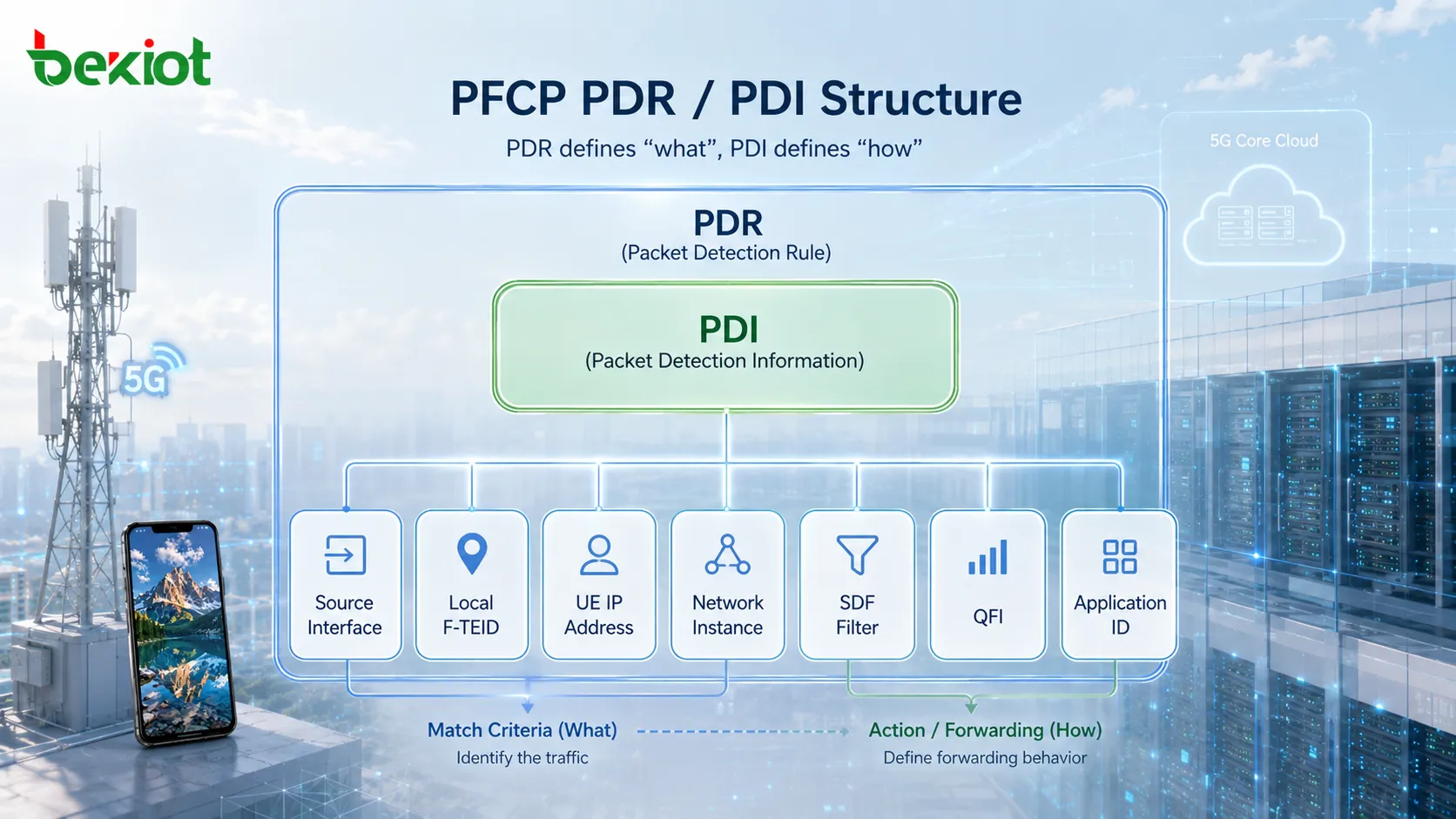 PFCPのPDRおよびPDIパラメータ構造。Source Interface、Local F-TEID、UE IP Address、SDF Filterの一致条件を示す
