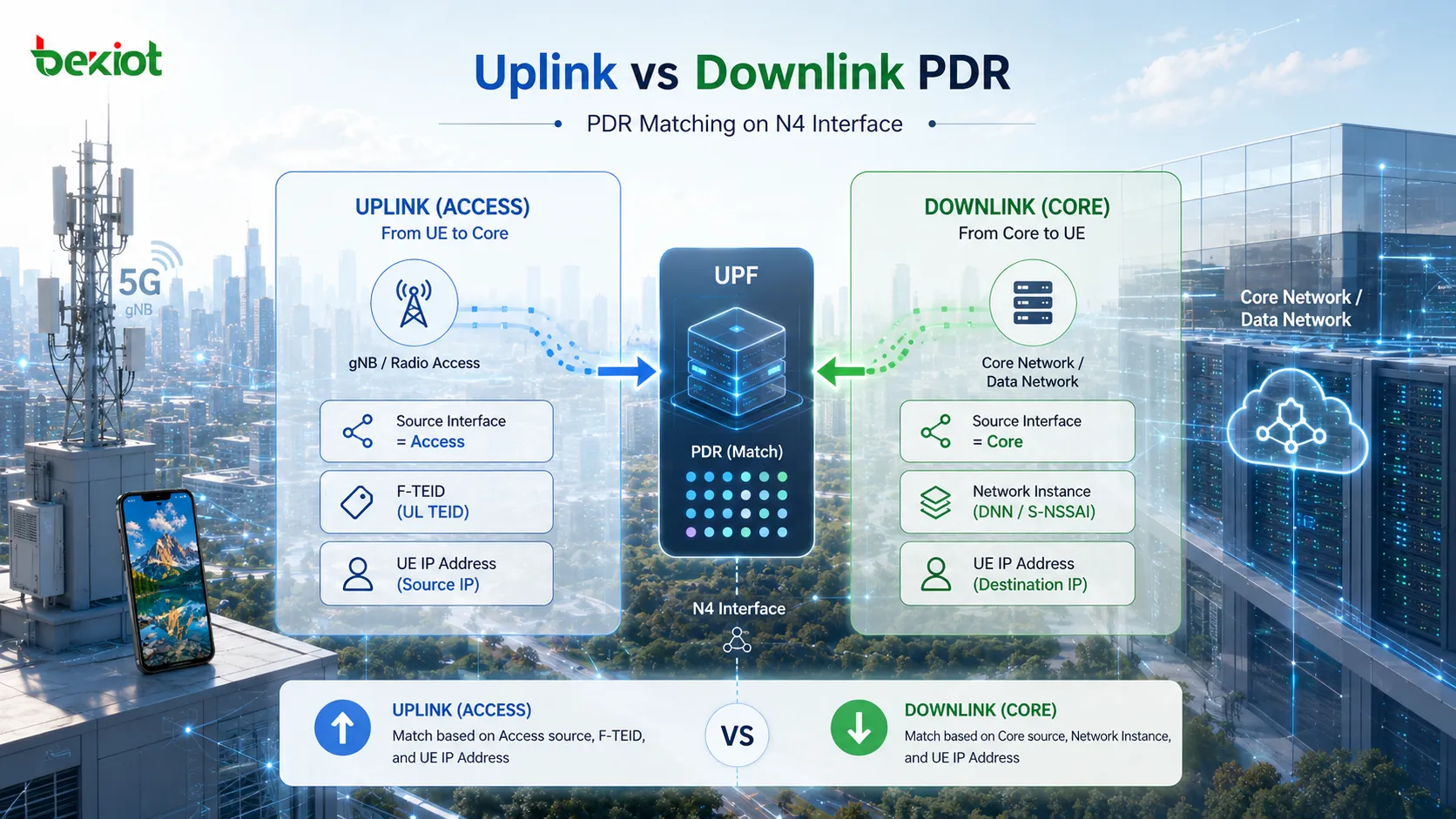 N4インターフェースのアップリンクAccess PDRとダウンリンクCore PDR。F-TEID、Network Instance、UE IP Addressで照合