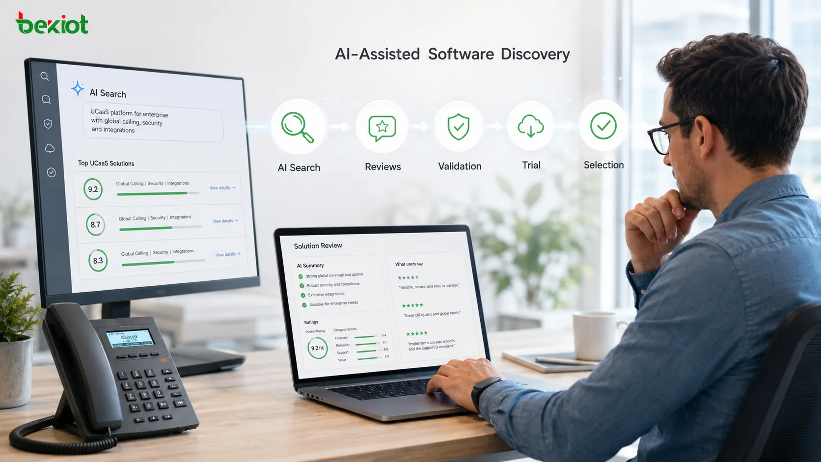 AI支援によるUCaaS購買プロセス。ソフトウェア発見と第三者レビューから技術検証、トライアル、最終ベンダー選定まで