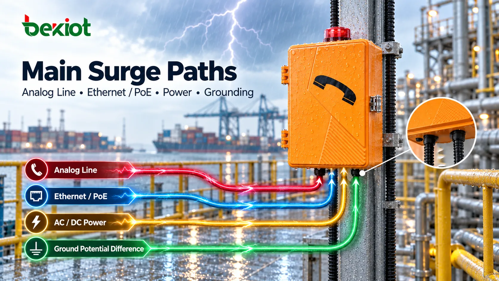 アナログ回線、Ethernet/PoE、電源、接地を通じて屋外用産業電話へ到達する主な雷誘導サージ経路