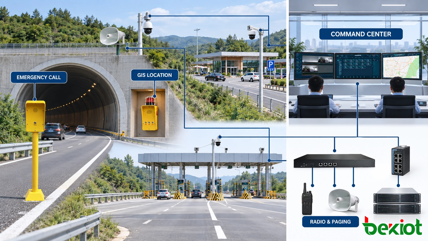 路側電話、トンネルSOSポイント、無線ディスパッチ、ビデオ監視、GIS、ゾーン放送を接続する高速道路緊急指令アーキテクチャ
