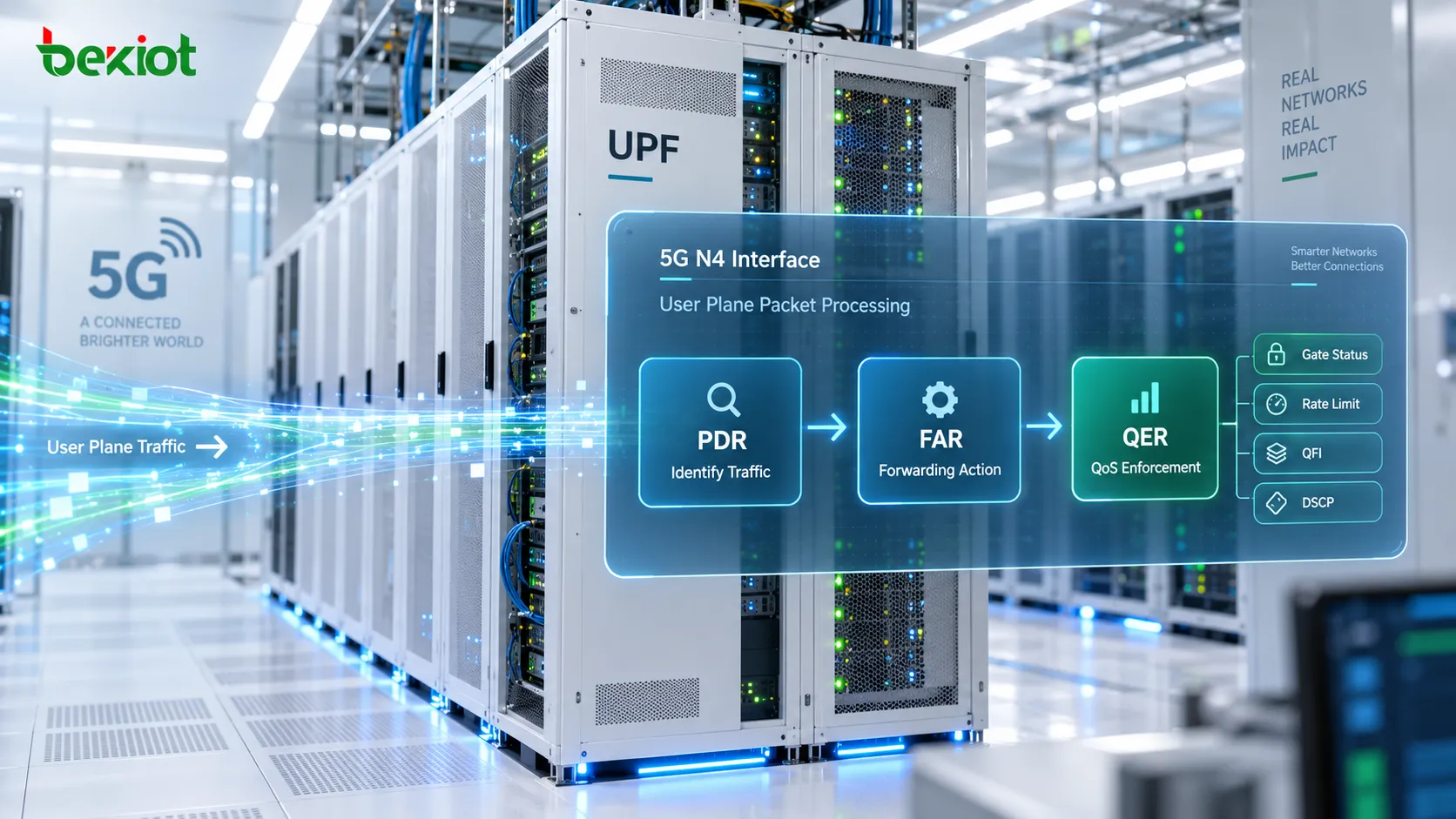N4インターフェースのパケット処理：UPFがPDRでトラフィックを識別し、FARで転送を決定し、QERでゲーティング、速度制限、QoSポリシーを適用