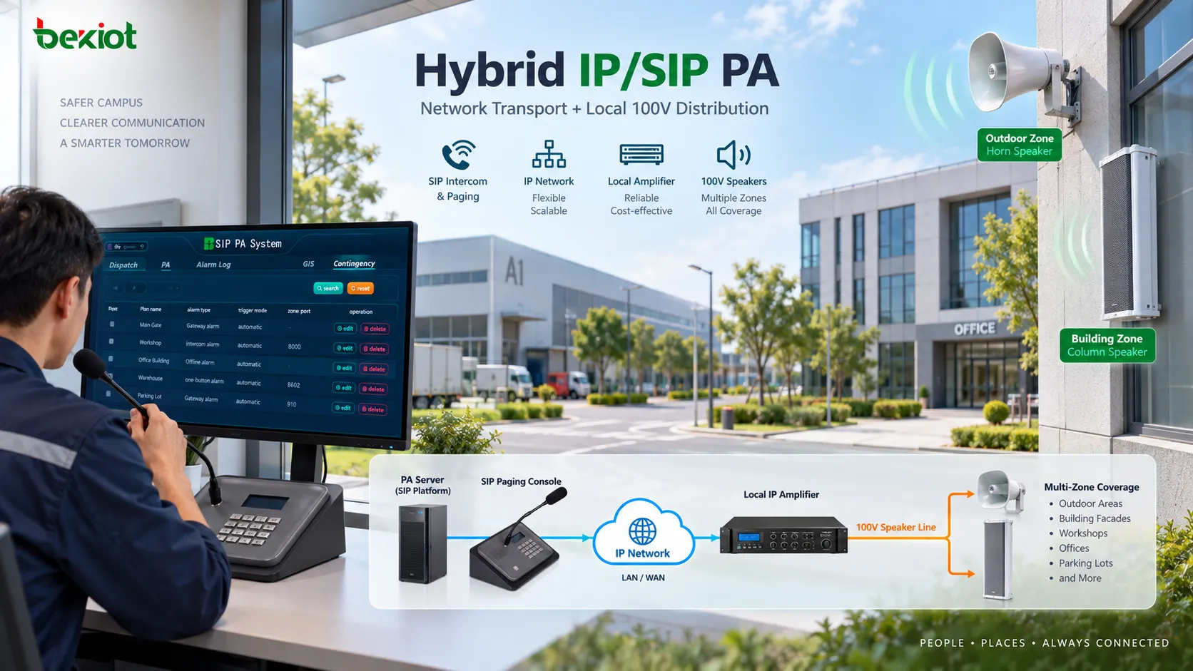 PAサーバーとIP/SIPネットワークからローカルIPアンプへ接続し、100Vスピーカー回線で複数スピーカーを駆動する現代のハイブリッドPA構成