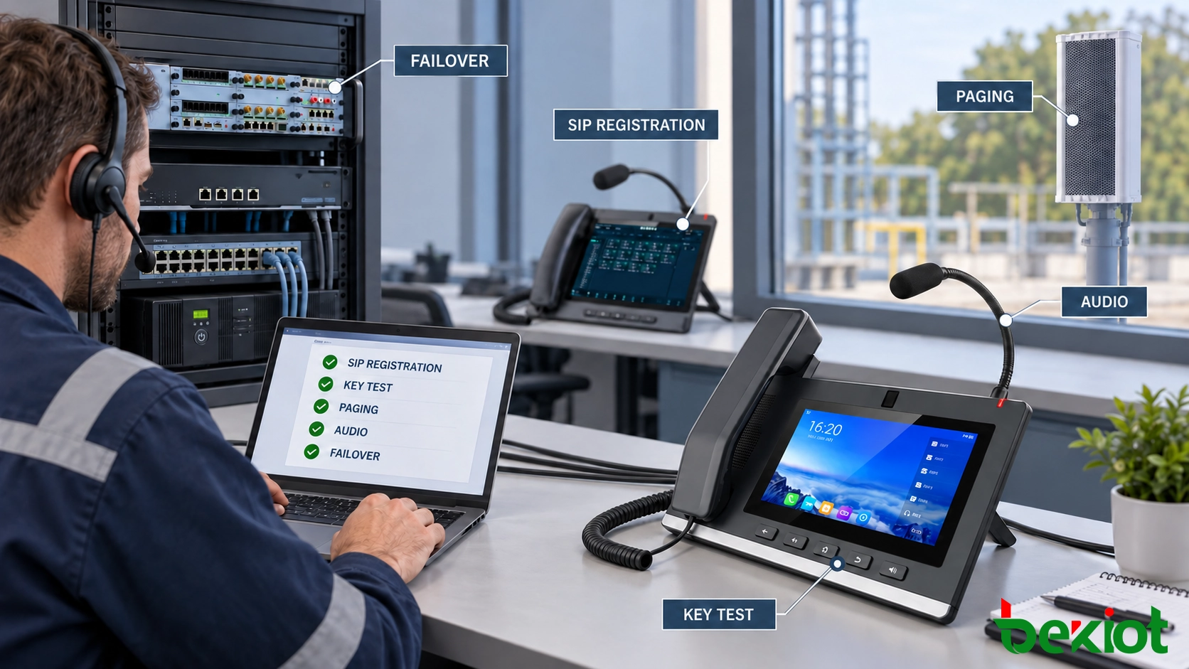 ディスパッチ電話でSIP登録、プログラマブルキー、ページング、オーディオをテストする技術者