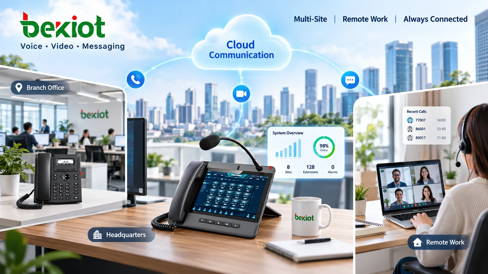 固定PSTN回線とオフィスのデスク電話から、企業番号、SIP電話、PC、モバイル端末を一元管理するVoIPプラットフォームへ移行するビジネス通信