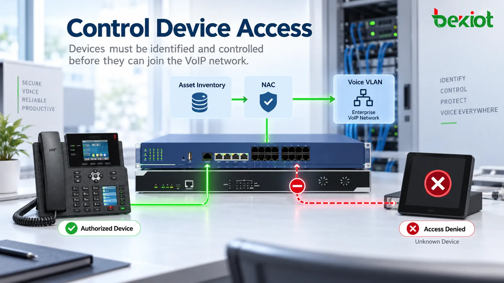 資産台帳、音声VLAN、NAC、スイッチポート制御を使用し、未承認のIP電話、ATA、VoIPゲートウェイの接続を防止する企業音声ネットワーク
