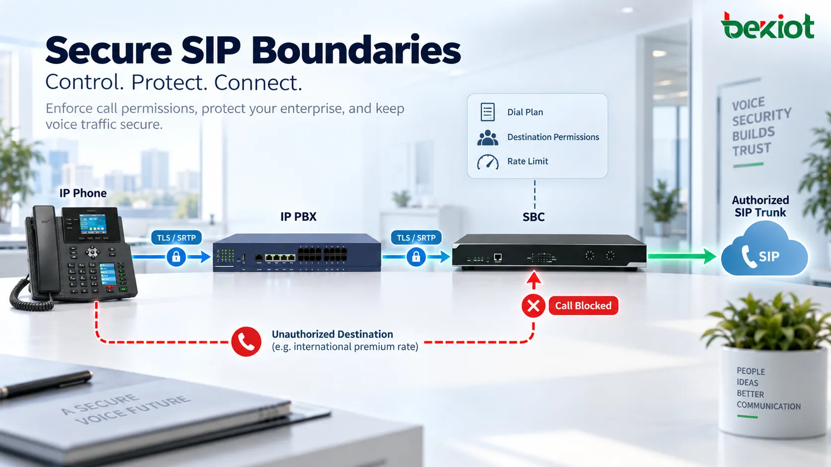 SBC制御、ダイヤルプラン、宛先権限、SIPトランクルーティング、通話制限により外部音声トラフィックを制限し、通話料金詐欺のリスクを低減する企業VoIPセキュリティ