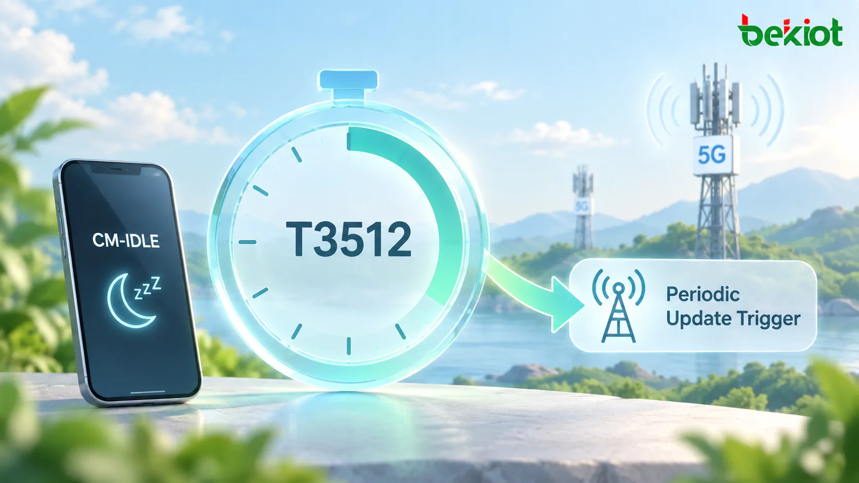 5GCの周期登録更新では、登録後にUEがCM-IDLEへ入り、T3512が動作し、タイマー満了後にUEがシグナリング接続を再確立して周期登録更新を開始する