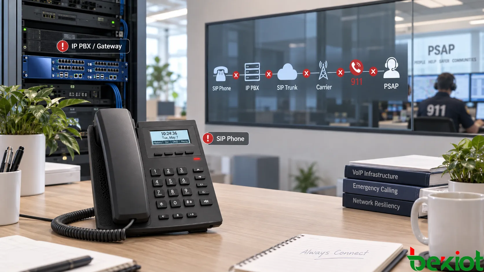 SIP電話、企業ネットワーク、IP PBX、SIPトランクから通信事業者と911ルーティングを経てPSAPに至るVoIP緊急通報のエンドツーエンド経路。ローカル、通信事業者、緊急サービスの各障害領域を分けて示す