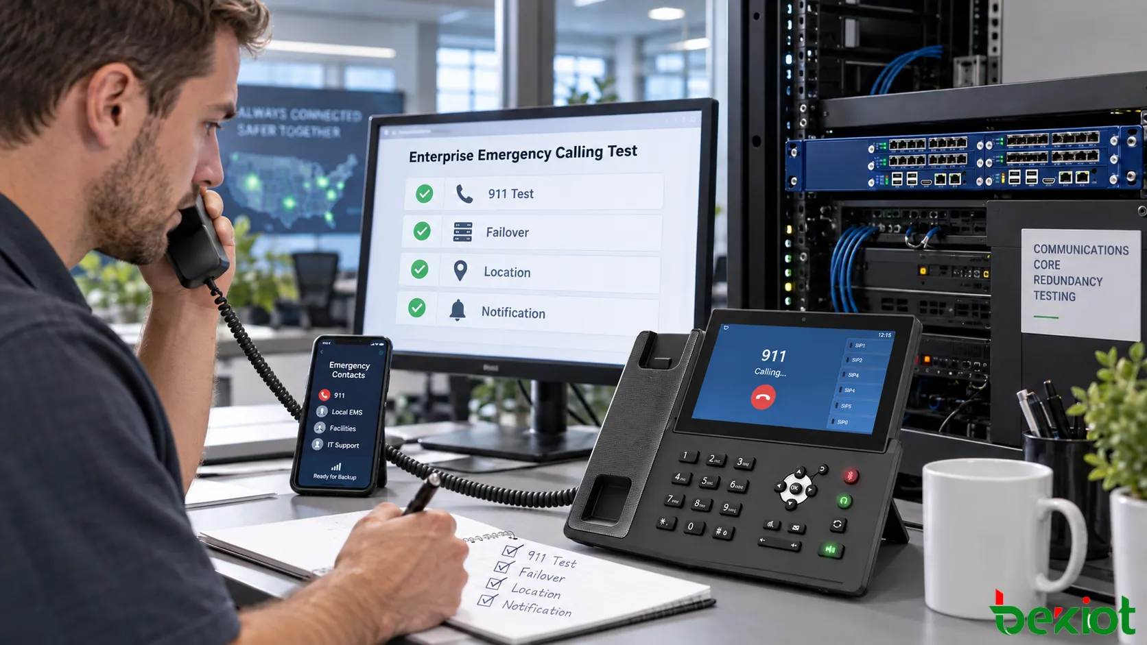 緊急通報位置情報、911ルーティング、代替通信事業者、バックアップWAN、SIPサーバーのフェイルオーバー、代替緊急番号、内部セキュリティ通知を対象とする企業VoIP緊急通報の受入試験