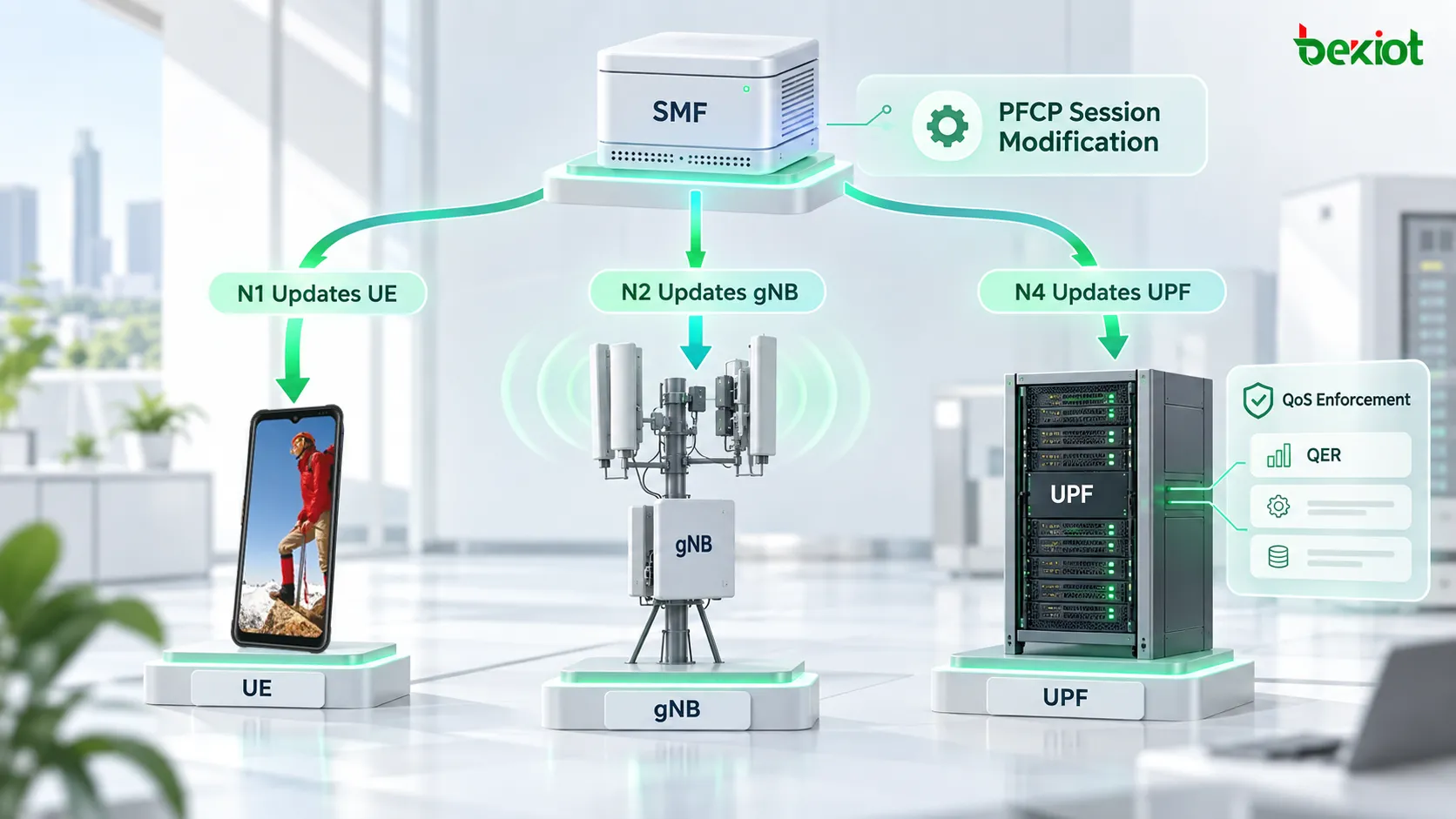 5GC PDUセッション変更:N1でUEのQoSパラメータを更新し、N2でgNBのQoSフローリソースを変更し、N4 PFCP Session ModificationでUPFのQERおよびその他のユーザプレーン適用ルールを更新