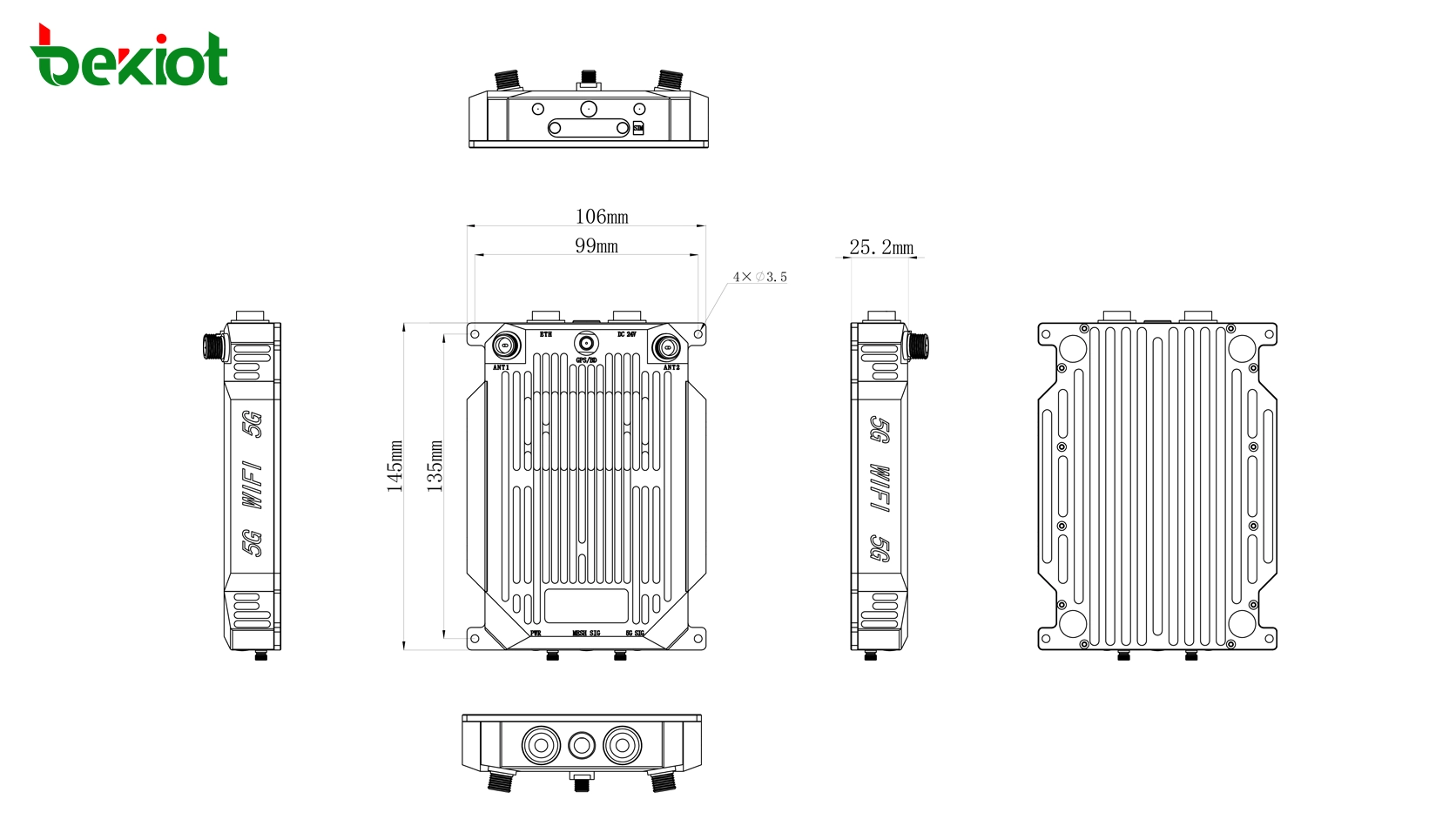 MAB82 SDR MANETエアボーンモジュール寸法 145 × 106 × 33 mm