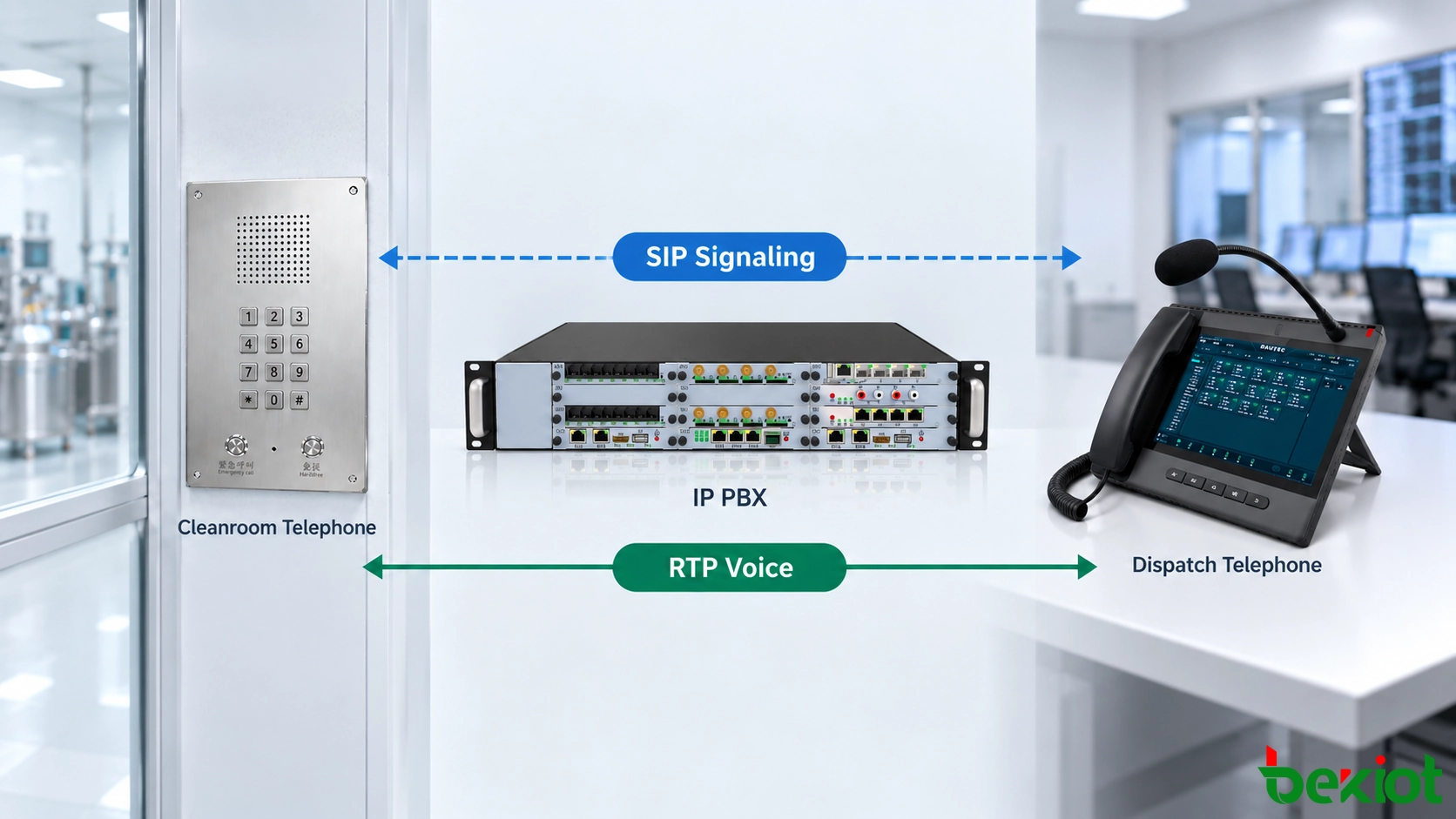 クリーンルーム電話機、IP PBX、ディスパッチ電話機間の SIP シグナリングと RTP 音声メディアパス