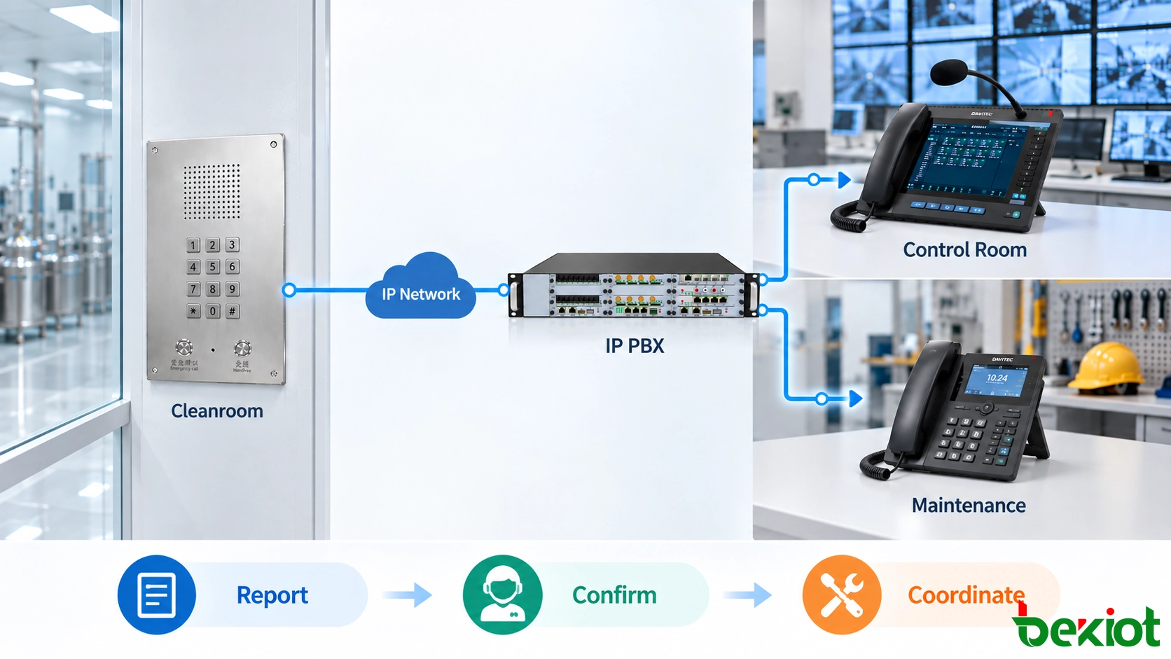 クリーンルーム SIP 電話機が IP PBX を介してコントロールルームとメンテナンスと通信する