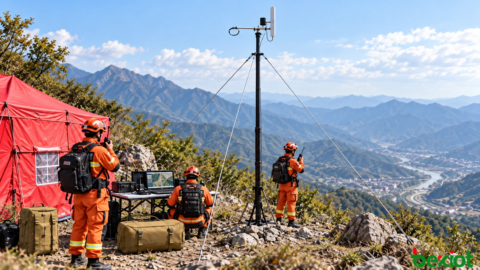 仮設指揮拠点で安全に固定したポータブルアンテナマストを使用する山岳救助隊
