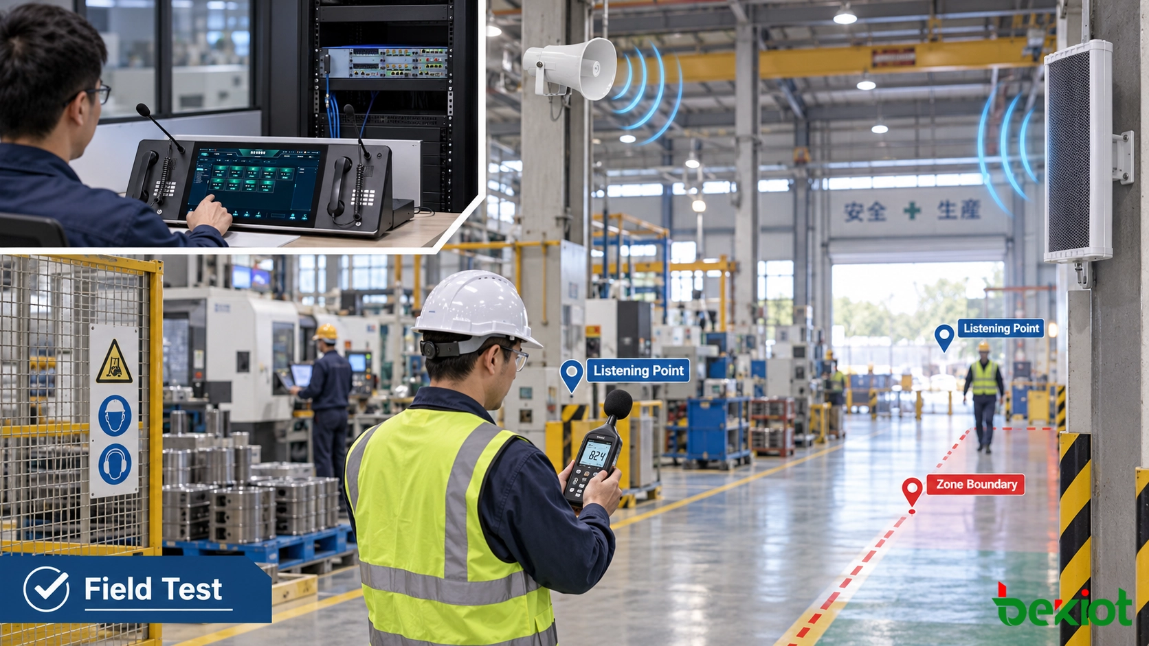 産業用聴取ポイントで SIP ページングスピーカーの可聴性、音声了解度、ゾーン境界を検証する技術者
