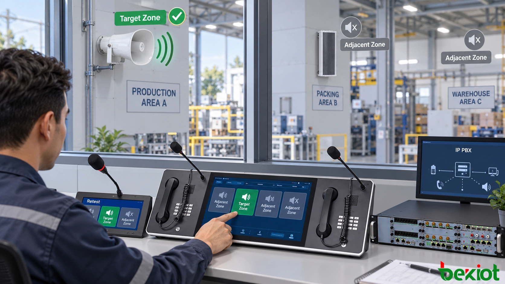 産業用制御室の技術者がディスパッチコンソール、ホーンスピーカー、ゾーン境界を使用して修正された SIP ページングゾーンを再テストしている