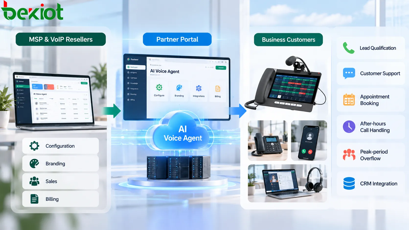 Voip UnlimitedのAI AgentをMSPおよびVoIP再販事業者がPartner Portalで設定・自社ブランド化・課金し、AI音声サービスとして企業顧客に提供する仕組み
