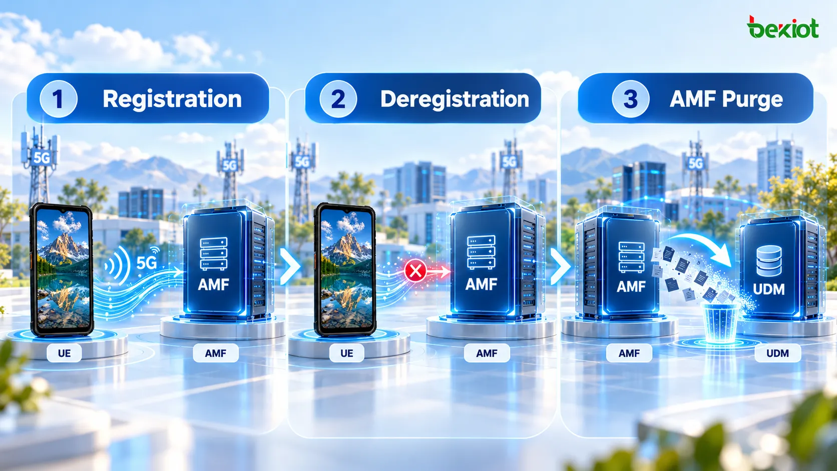 5GCにおける初回登録、ネットワーク起点の登録解除、AMFパージの違い。パージは登録解除後にAMFコンテキストとUDMとの関係を整理する