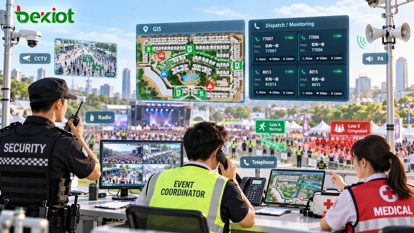 CCTV、GIS地図、無線、電話、PAで群衆密度や出口状況をリアルタイム監視し、警備・医療・現場要員を派遣する大規模集会の指令センター