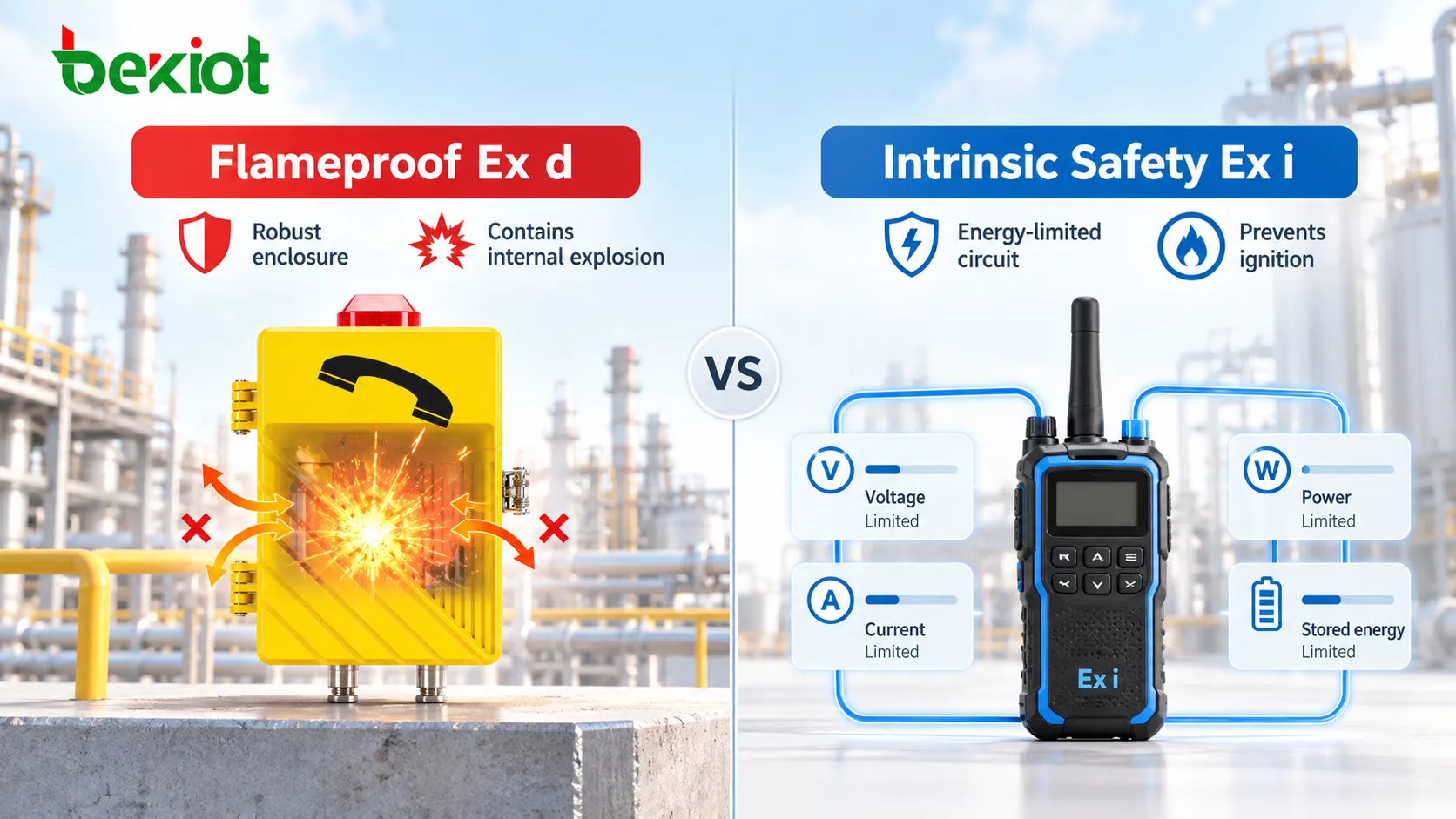 耐圧防爆 Ex d 通信端末は堅牢な容器で内部爆発を封じ込め、本質安全防爆 Ex i 端末は電圧、電流、電力、蓄積エネルギーを制限して着火を防止します。